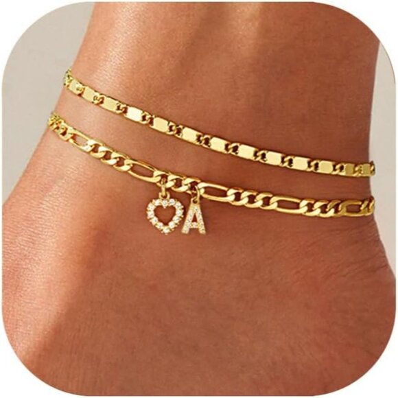 Jewelry - Summer Essential: Dainty 14K Gold Ankle Bracelets with Heart & Initial Charm